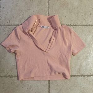 Zara Cropped Ribbed Pink Polo With V Neck Size M
